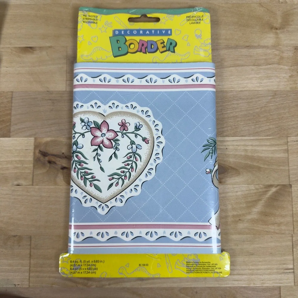 Vintage Borden Floral Heart Wallpaper Border Blue Pink 3 Rolls 45ft